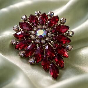 Beautiful Vintage Red and Aurora Borealis Rhinestone Brooch